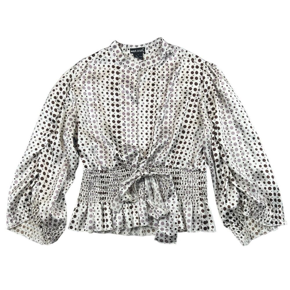 Wet Seal Y2K Polka Dot Peplum Blouse Tie Front Smocked Top - S